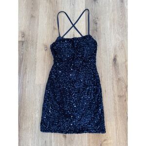 Pomuyoo Y2K Sequin Mini Dress Womens 2 Navy Blue Lace Up Corset Back Homecoming